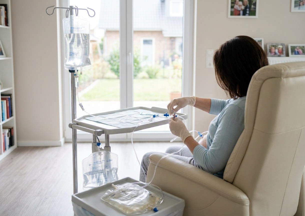Patientin zuhause bei Peritonealdialyse